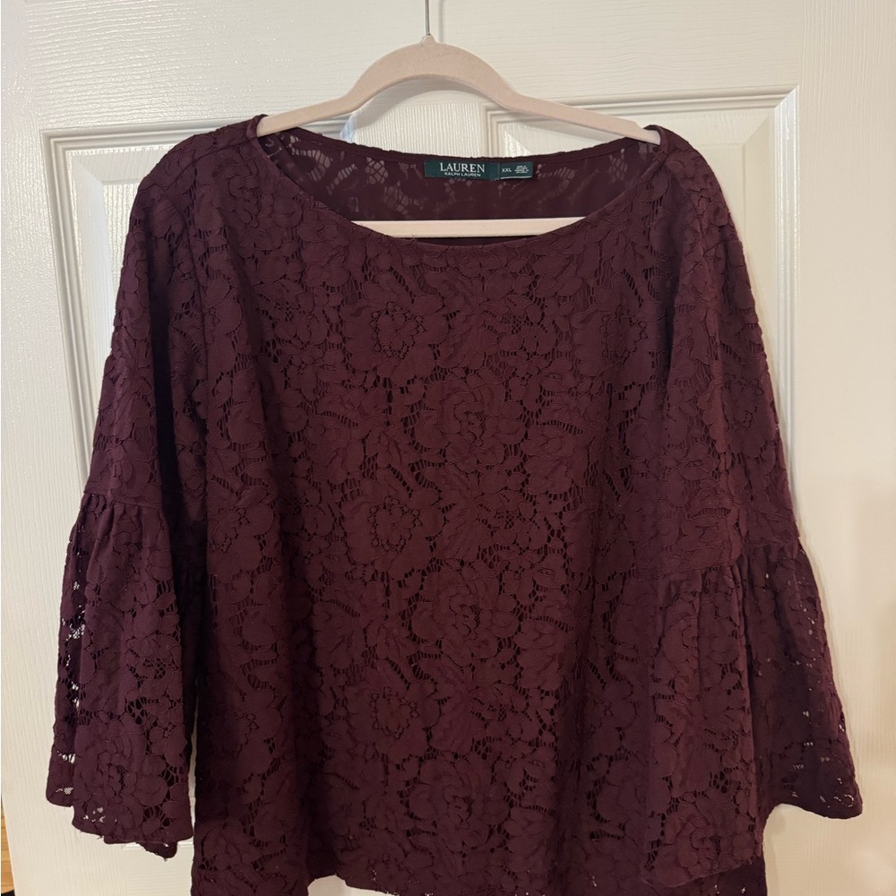 Ralph Lauren Burgundy Purple Ruffled Bell Sleeve Blouse